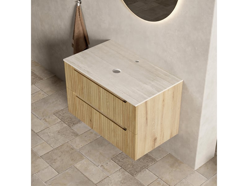 Meuble sous vasque suspendu avec 2 tiroirs, plan en pierre frittée effet travertin, pour salle de bain, chêne clair - Conforama B