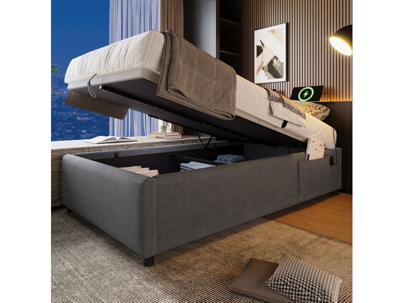  Sommier coffre 90x190cm, gris, avec poches latérales, charge, pour chambre, structure métallique, bois et revêtement coton-lin, sans matelas  - Conforama D