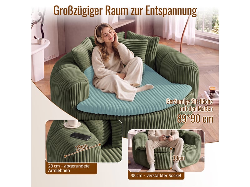  Fauteuil lounge 1 places en velours côtelé vert, assise profonde 89×90 cm, 5 coussins, sans montage, design arrondi  - Conforama E