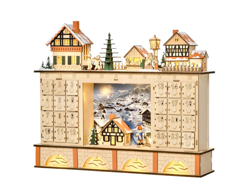  Calendrier de l'avent en bois avec 24 tiroirs à remplir, décorations de village de noël et lumières, 44 x 10 x 37 cm  - Conforama B