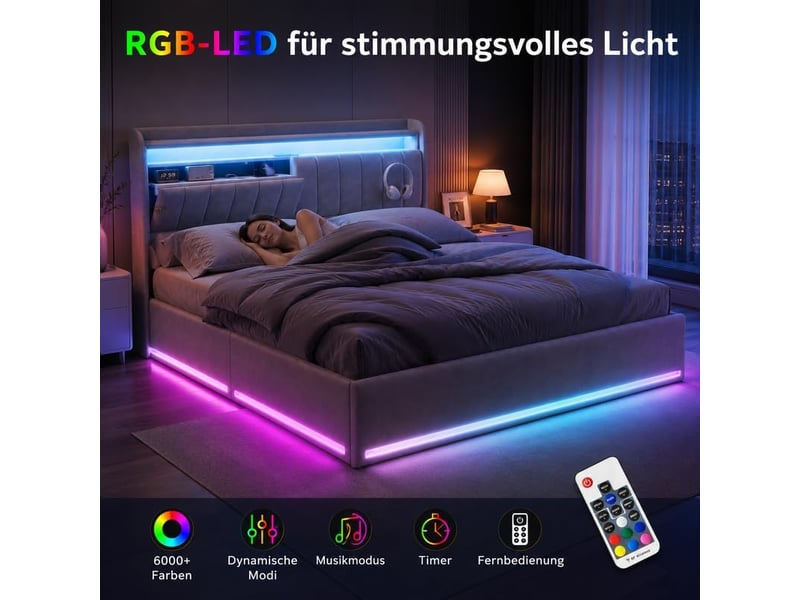 Lit coffre 140x200 cm avec éclairage led et port usb, lit adulte avec tête de lit avec rangement, lits 2 personnes, velours, gris - Conforama D
