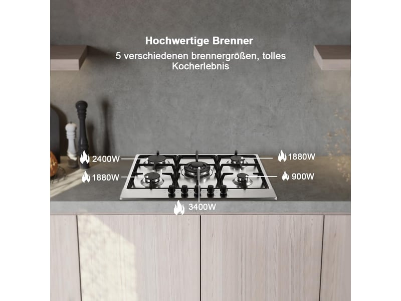  Plaque de cuisson gaz 5 feux en inox 68 cm, 10460 w, encastrable ou indépendante, double brûleur wok, gaz naturel et propane  - Conforama W