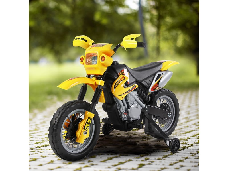  Moto électrique pour enfants à partir de 3 ans, moto cross électrique avec stabilisateurs, batterie 6 v, vitesse 2,5 kmh, 102 x 53 x 66 cm, jaune  - Conforama C