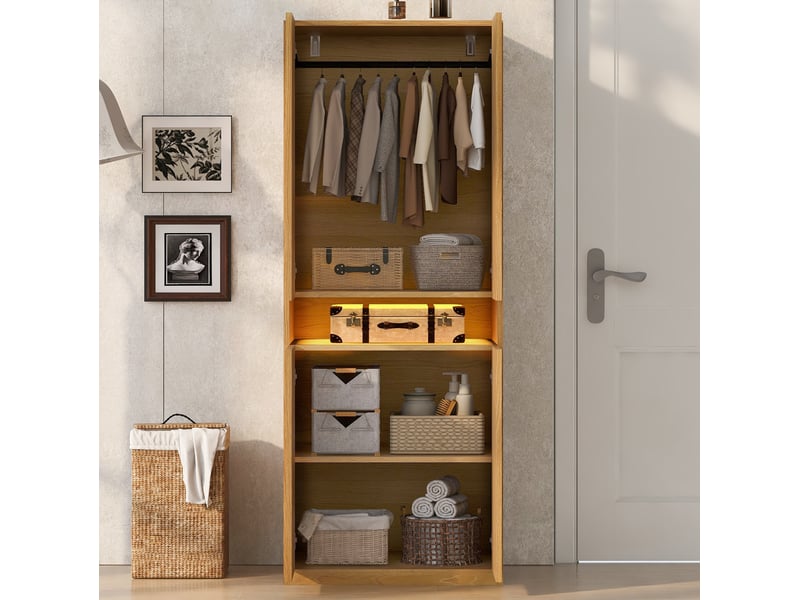  Armoire 70x55x180 cm à 2 portes avec éclairage led, espace de rangement et penderie, mdf, naturel, petit compartiment  - Conforama D