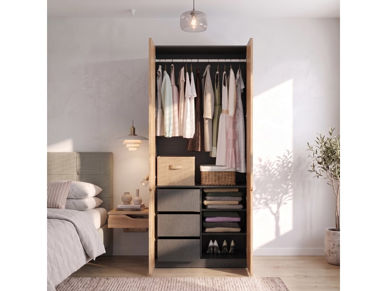  Armoire 4 portes avec penderie et 3 tiroirs 90x50x200 cm, effet chêne  - Conforama W