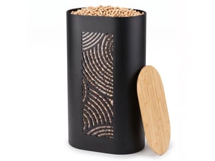 Casabel réservoir pellets & granulés, niveau visible, cap. 15kg, métal noir, couvercle bambou, pour poêle à pellets