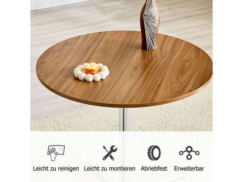 Table plateau rond style moderne plateau mdf noyer piètement métal chromé à 3 pieds structure stable design minimaliste - Conforama E