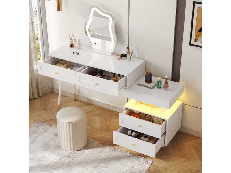  Coiffeuse miroir led tactile avec 4 tiroirs et niche, meuble latéral modulable pour chambre, blanc, 140 × 40 × 130 cm  - Conforama C