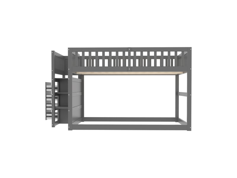  Lit superposé bas 140x200, lit enfant en bois gris avec barrière de sécurité haute. Lit superposé sécurisé avec escalier et tiroirs.  - Conforama A