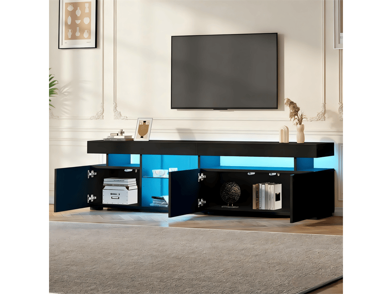  Meuble tv 180x35x45cm - meuble bas brillant avec 3 portes, étagères réglables en verre trempé, pour tv jusqu’à 80 pouces, panneau de particules - noir  - Conforama E