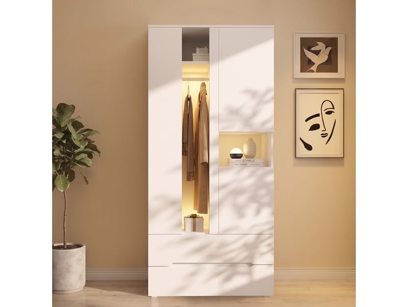  Armoire à 3 portes avec led, penderie, 2 tiroirs et 6 niches pour chambre en mdf et verre blanc 90 × 50 × 200 cm  - Conforama D