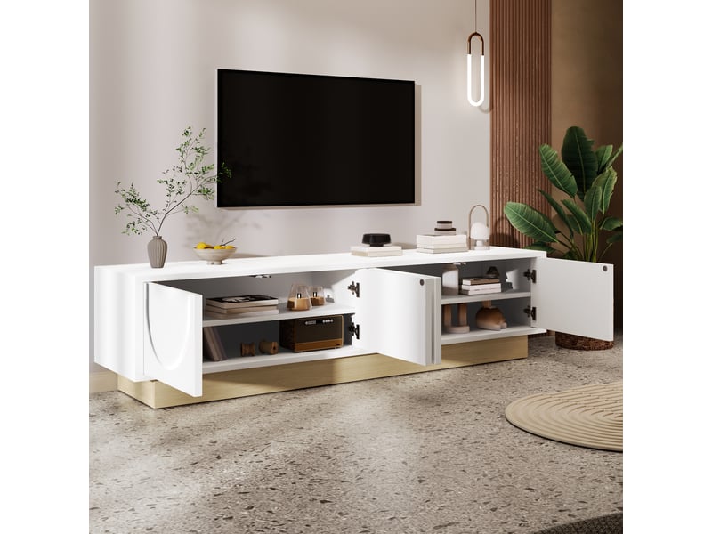  Meuble tv, 175x40x41,5 cm, effet bois, 4 portes, passe-câbles, lignes courbées, design moderne et élégant pour salon  - Conforama D