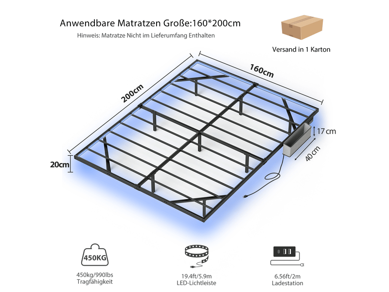  Lit flottant métal, 160x200 cm, mobilier de chambre, avec led intégrée, charge, matelas non inclus, métal, coloris noir  - Conforama C