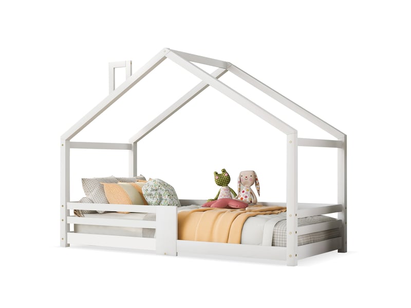  Lit cabane enfant 90x200 cm avec barrières de sécurité et sommier - blanc  - Conforama A