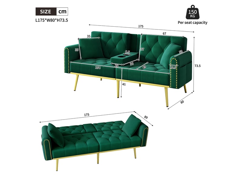  Canapé-lit 2 places 175x80x73,5 cm, 3 positions, porte-gobelet, poche latérale, velours, pieds dorés, vert  - Conforama C