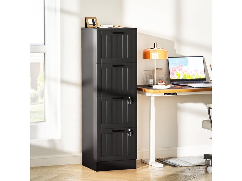  Caisson bureau, meuble rangement bois 4 tiroirs et serrure, barres de suspension réglables, 40 x 40 x 131 cm, noir  - Conforama C