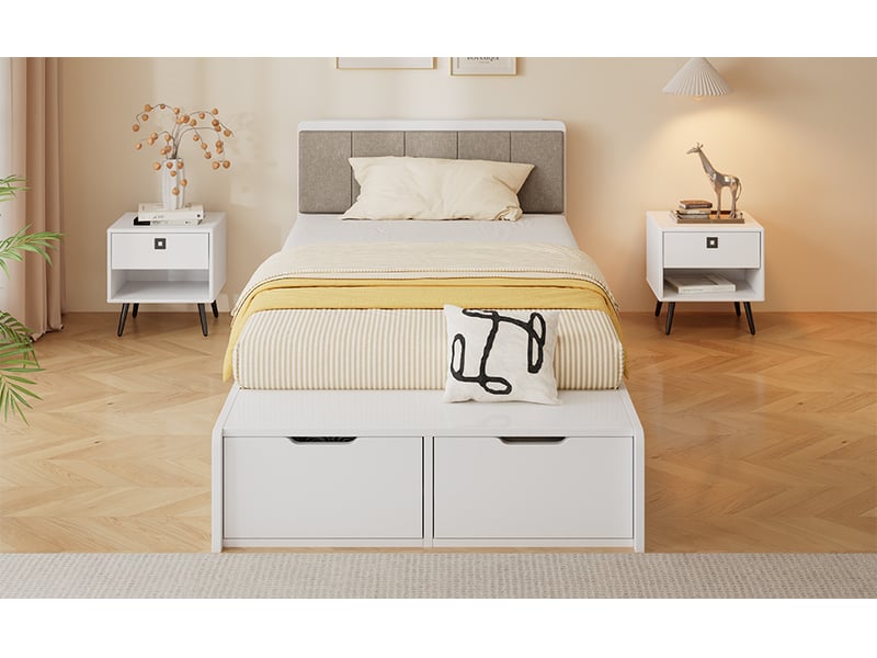 Lit enfant et adolescent 90 x 200 cm blanc, tête de lit rembourrée, banquette au pied et deux tiroirs - Conforama B