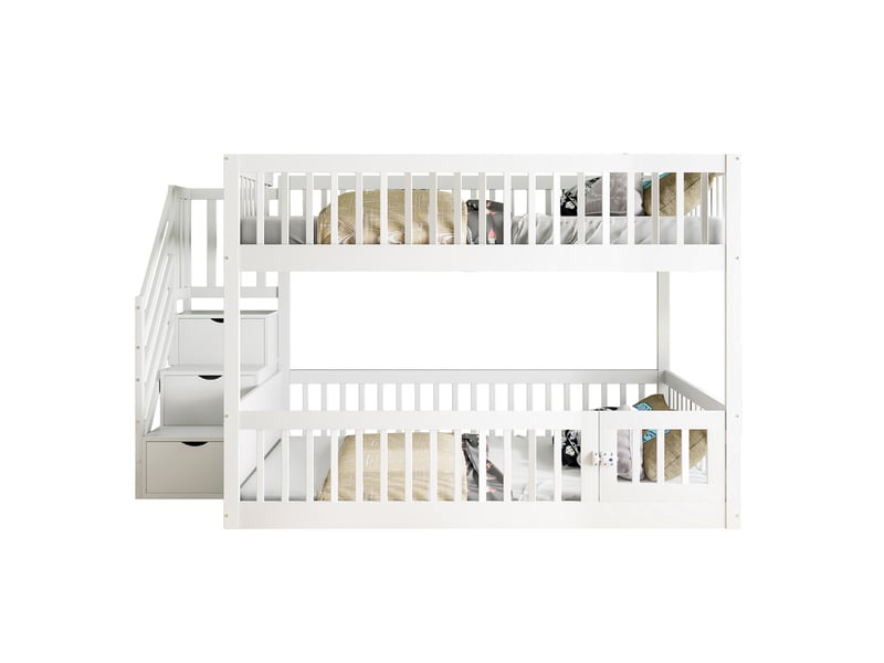  Lit superposé enfant 140 x 200 cm avec escalier à tiroirs et barrières, blanc  - Conforama A