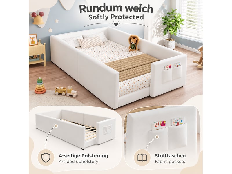  Lit enfant 90x200 cm bas rembourré avec poche latérale blanc  - Conforama E