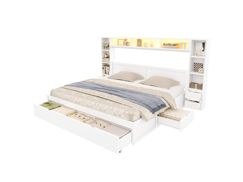  Lit 2 places 180x200 cm – blanc – tête de lit bibliothèque, 7 tiroirs, rangements et led - sans matelas  - Conforama A