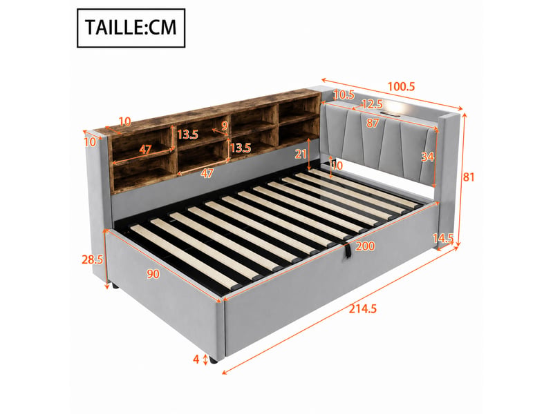  Lit banquette 90x200 cm - lit simple avec coffre de rangement hydraulique, étagères pratiques et ports usb, sans matelas - velours gris clair  - Conforama C
