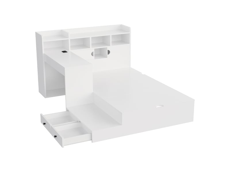  Lit en bois 90 x 200 cm – avec espace de rangement – ​​rangement intégré dans la tête de lit – prise électrique incluse – éclairage led – blanc (matelas non inclus)  - Conforama W