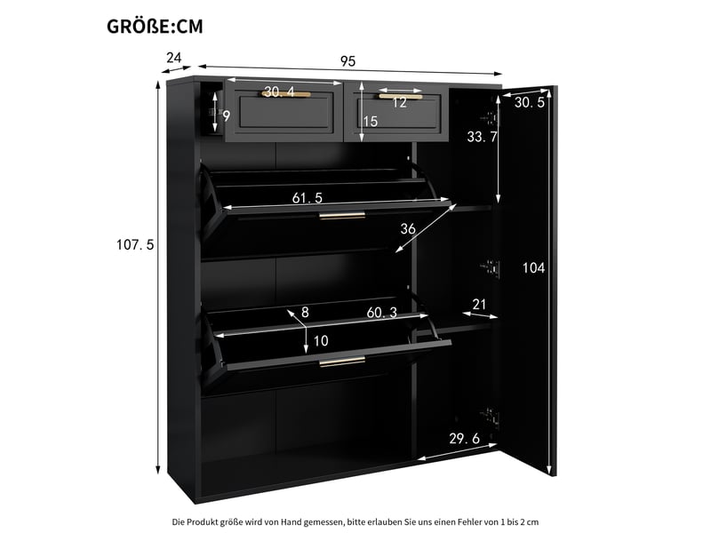 Meuble à chaussures noir 95x24x107 cm, placard avec portes rabattantes et tiroirs, étagères ajustables, structure en panneaux de particules - Conforama C