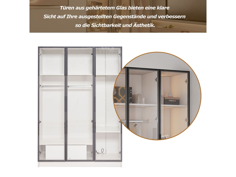 Armoire blanche 110x50x160 cm, 3 portes verre, tiroir intégré, penderie, panneaux de particules - Conforama D