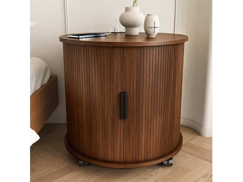 Table de chevet ronde avec porte coulissante, prise et 2 ports usb, roulettes, pour chambre, mdf noyer, 60 × 60 × 60 cm - Conforama C