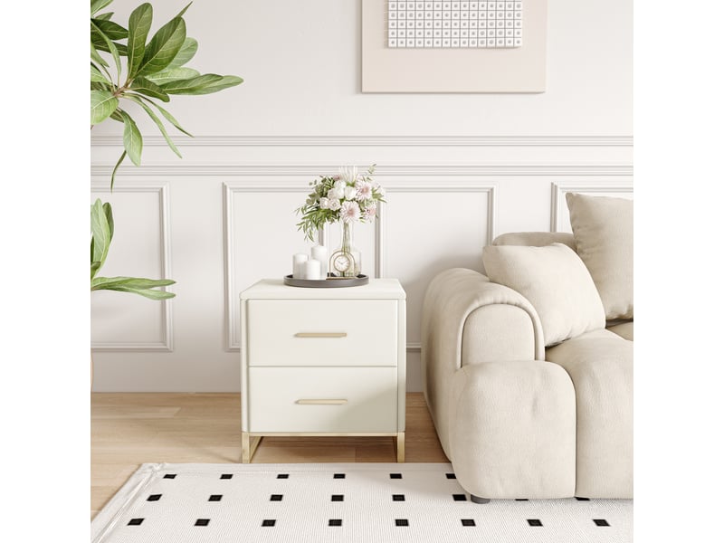  Table de chevet lot de 2, 2 tiroirs de rangement, base métallique dorée, velours beige, style moderne et chic  - Conforama D
