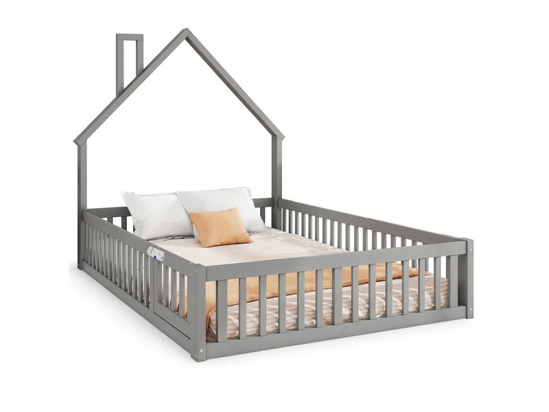  Lit enfant cabane 140 x 190 cm avec sommier à lattes et barrières, gris en pin et mdf  - Conforama A