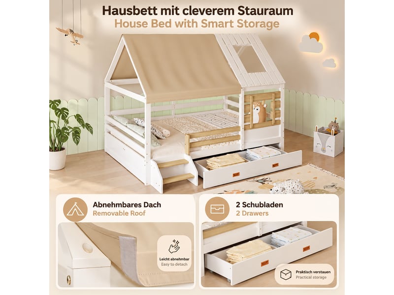 Lit cabane enfant 120 x 200 cm en bois blanc et naturel avec toit en tissu amovible, fenêtres, grand tiroir et garde-corps sans matelas - Conforama D