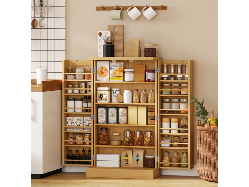  Meuble de cuisine en rotin de 104 cm avec étagère à 5 niveaux, 12 compartiments à épices et étagères réglables, naturel  - Conforama C