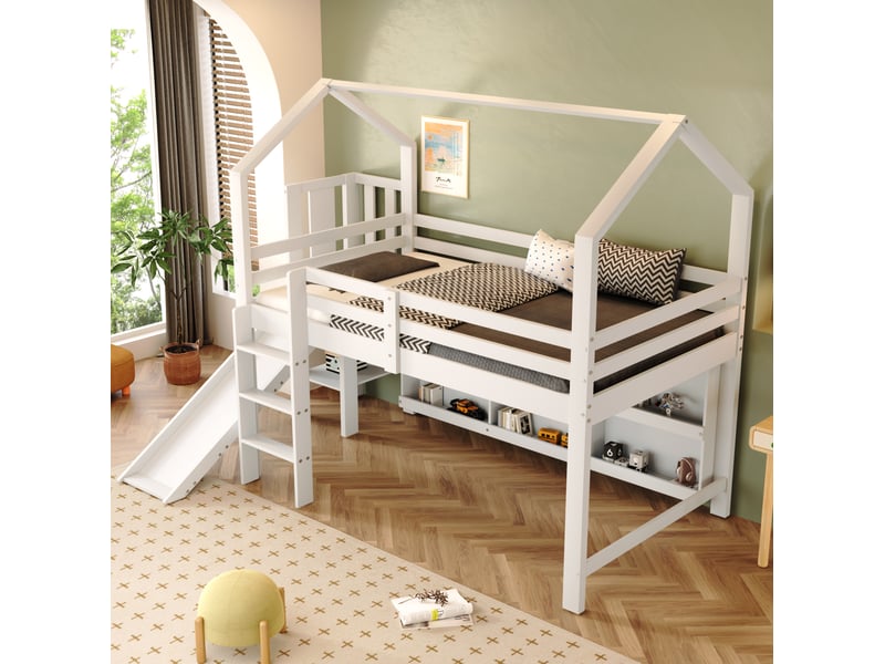 Modenvie lit enfant 90x200 cm - avec toboggan et rangements intégrés, sans matelas - blanc  - Conforama B