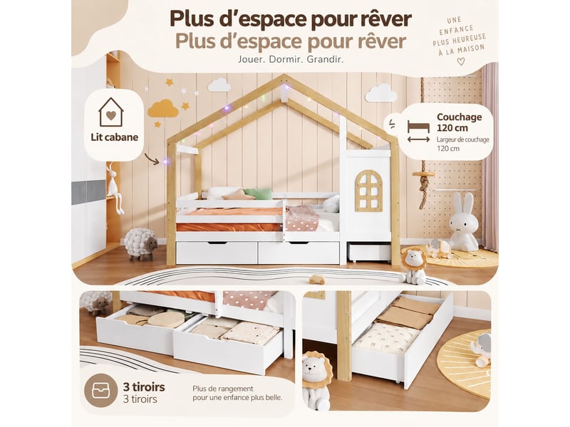 Lit cabane 120x200 cm avec barrière de sécurité - avec 3 tiroirs et guirlande lumineuse - en bois de pin et mdf - blanc & naturel - Conforama D
