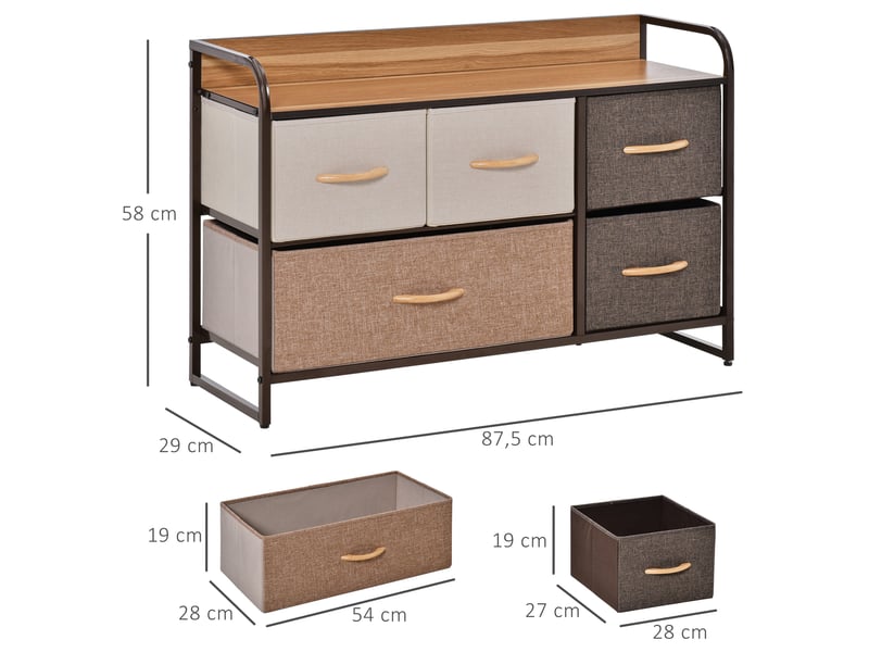  Commode meuble de rangement 5 tiroirs en tissu 87,5 x 29 x 58 cm marron et beige  - Conforama C