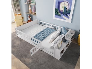 Lit avec rangement 140x200 cm <strong>MAISENTIEL</strong>  <strong></strong> coloris blanc