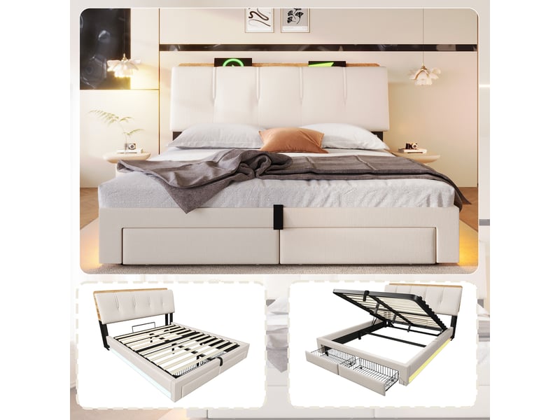  Lit coffre 140x200 cm, lit double, rangement hydraulique, led, lin beige, usb et usb-c  - Conforama C