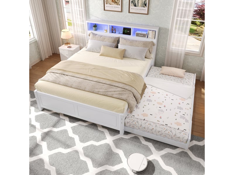  Lit gigogne 120x200 cm avec couchage 90x190 cm, éclairage led et rangements, blanc  - Conforama C