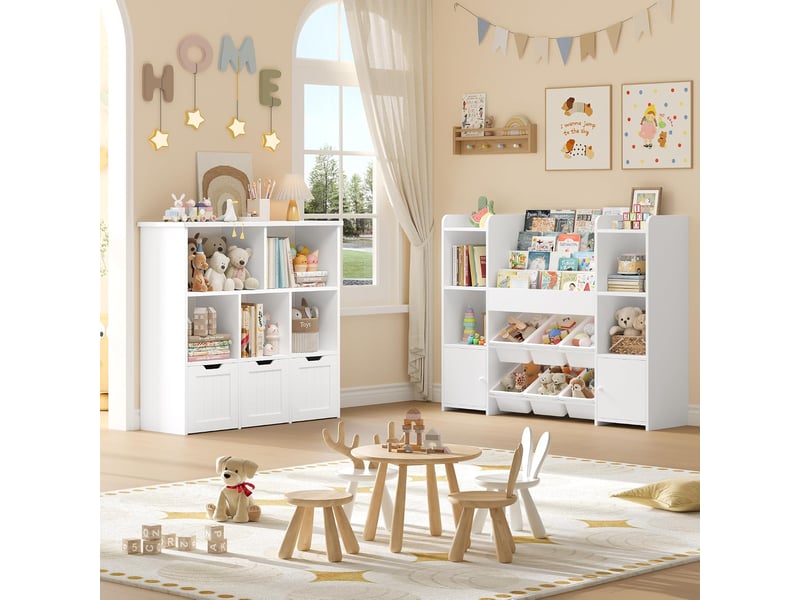  Meuble rangement enfant bibliothèque enfant avec 6 boîtes amovibles 12 étagères rangement jouet enfant pour chambre d’enfant salle de jeu blanc  - Conforama E