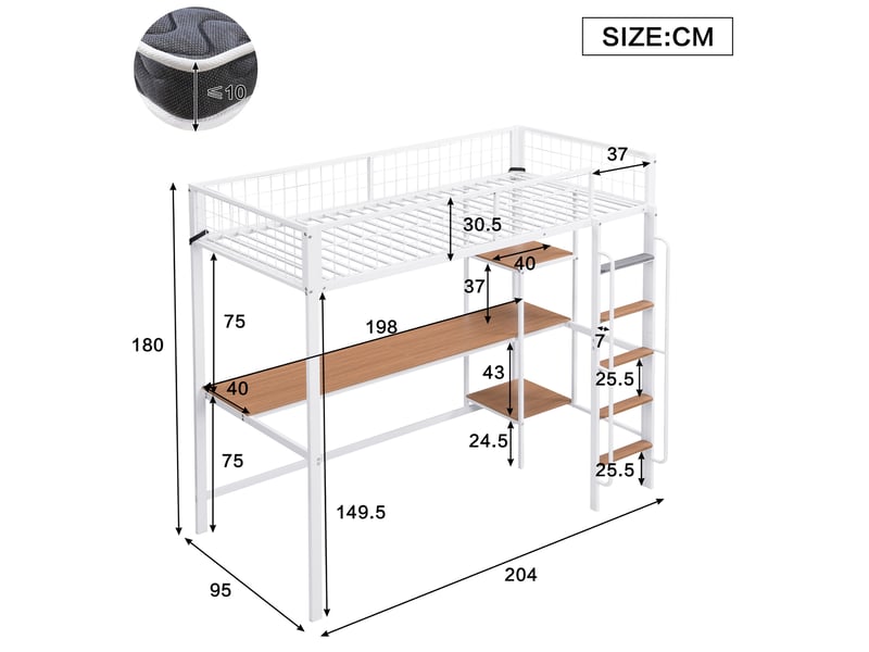  Lit mezzanine 90x200 cm avec bureau et étagères en métal et bois blanc et naturel  - Conforama E