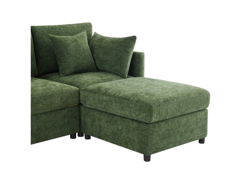  Canapé d’angle en l convertible en 3 places, modular, pouf mobile et 4 coussins chenille verts idéal salonbureau vidéo  - Conforama E