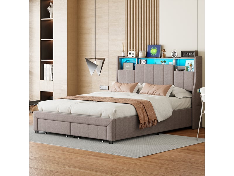  Cadre de lit 160x200 cm gris avec led, port usb, 2 tiroirs et rangements tête – style scandinave  - Conforama C