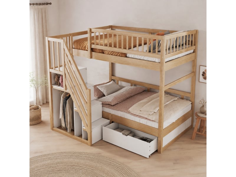  Lit superposé tcqpz 90 x 200 cm avec sommier, échelle de sécurité avec rangements, tiroirs, bois naturel  - Conforama E