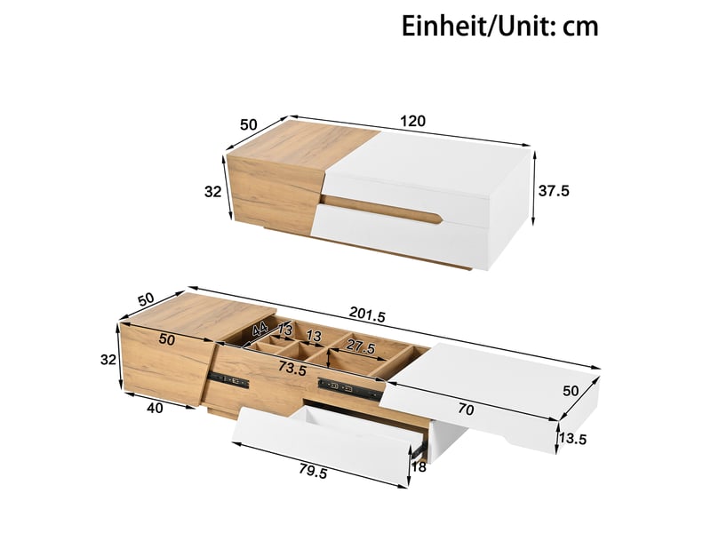  Table basse extensible, table de salon avec tiroirs, table d'appoint à structure bicolore  - Conforama C