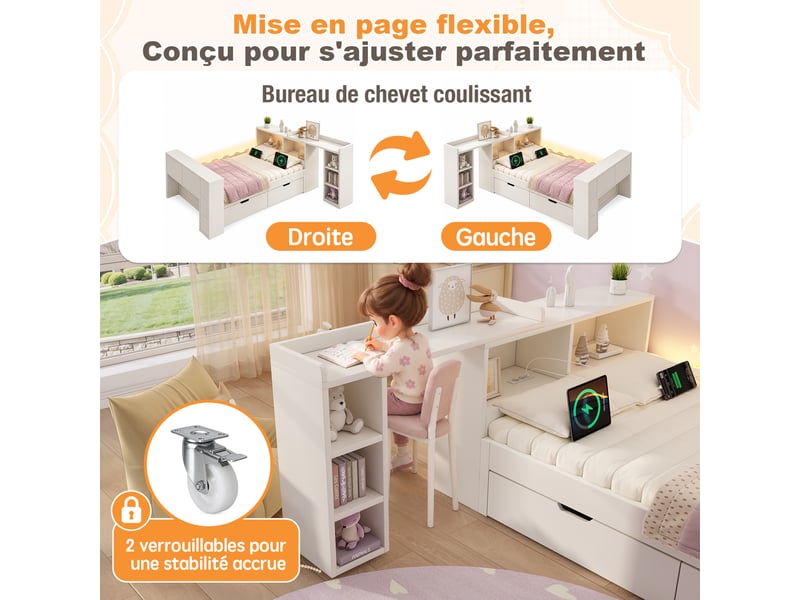  Lit enfant 90 x 200 cm avec 2 tiroirs, bureau coulissant, led, station de charge et tête de lit réversible, en bois blanc  - Conforama D