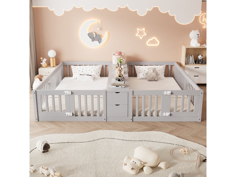 Lit double pour enfants 90x200 cm, lit jumeaux avec tiroir et étagère, cadre de lit au sol avec barrière de sécurité, bois gris. - Conforama B