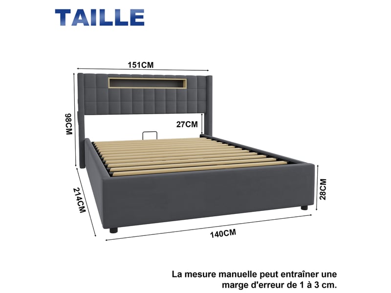Lit coffre 2 places 140 × 200 cm avec led réglable, 2 usb, port type c et rangement, sans matelas, gris foncé - Conforama E