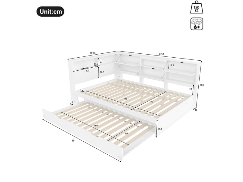  Lit gigogne 140 x 200 cm blanc avec rangement en tête de lit et ports usb + type-c  - Conforama E