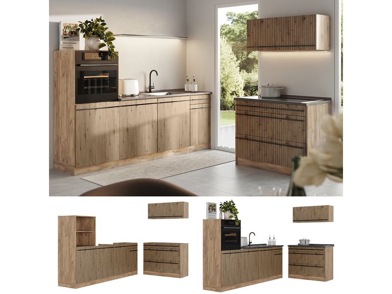  Vicco cuisine, chêne artisanchêne doré, 220cm plan de travail anthracite  - Conforama D